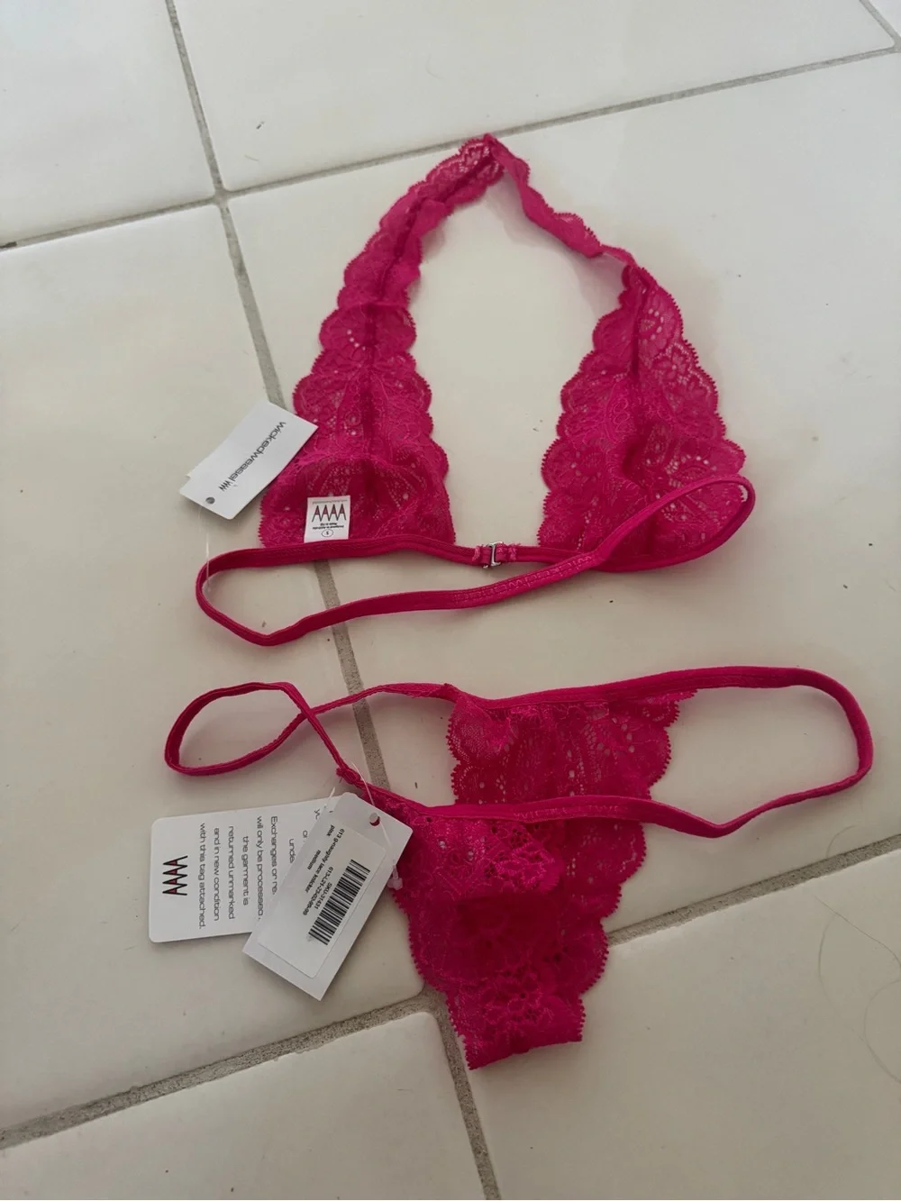 Lace Halter Bralette & Thong Set in hot pink wicked weasel